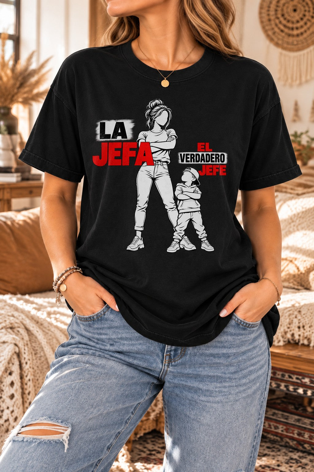 La Jefa El Verdadero Jefe T-Shirt Damen, Lustiges Mama Sohn Shirt, Spanisches Muttertag Geschenk