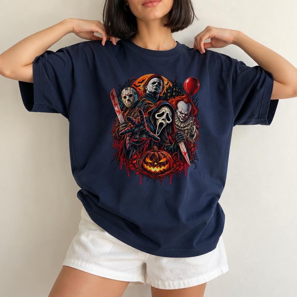 Camiseta de Halloween de terror para hombre, camisa de villanos de películas slasher, camiseta de Michael Myers, Jason, Ghostface y Pennywise, conjunto de miedo