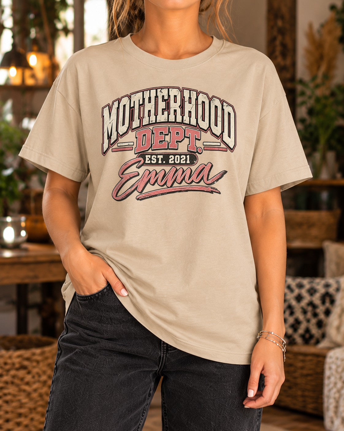 Camiseta personalizada Motherhood Dept con nombre y año a elegir, camiseta de mamá, regalo de nacimiento, Día de la Madre, camiseta vintage para mamá