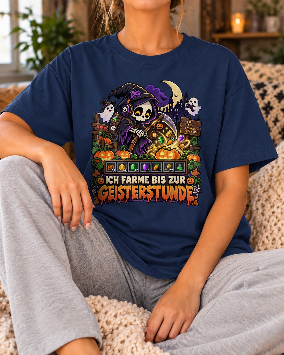 Halloween Gamer T-Shirt Damen Oversized, Ich farme bis zur Geisterstunde Shirt, Lustiges Zocker Geschenk, Washed Vintage Tee