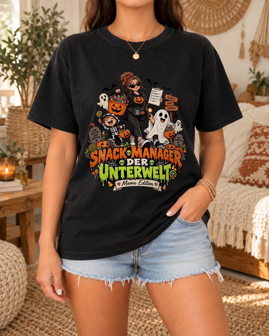 Camiseta «Snack Manager del inframundo, edición mamá», camiseta de Halloween para mamá, divertida camiseta de otoño oversize para mujer