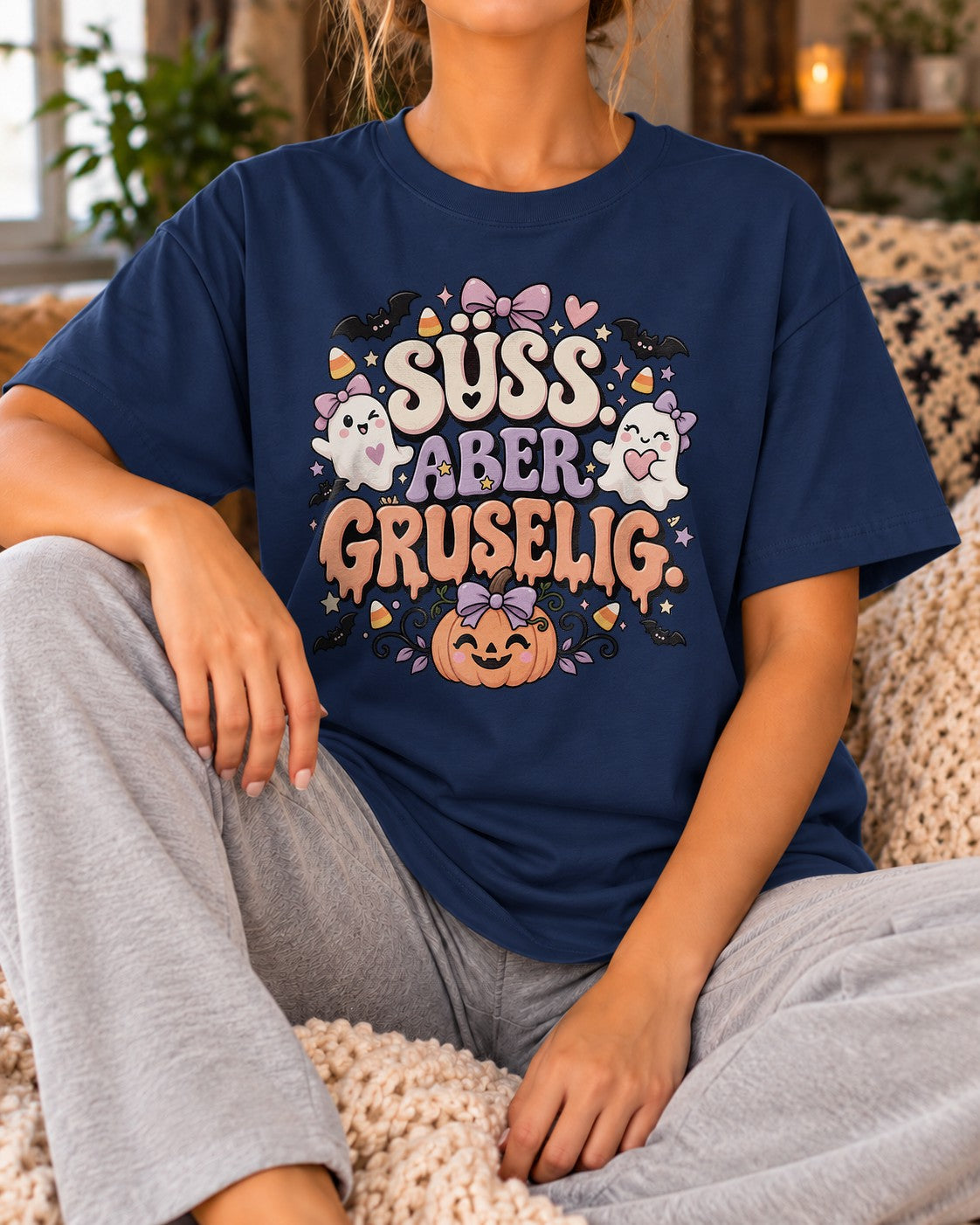 Camiseta de Halloween para mujer "Dulce pero aterradora", camisa kawaii de fantasma y calabaza, top de otoño lindo y espeluznante, regalo para mujer