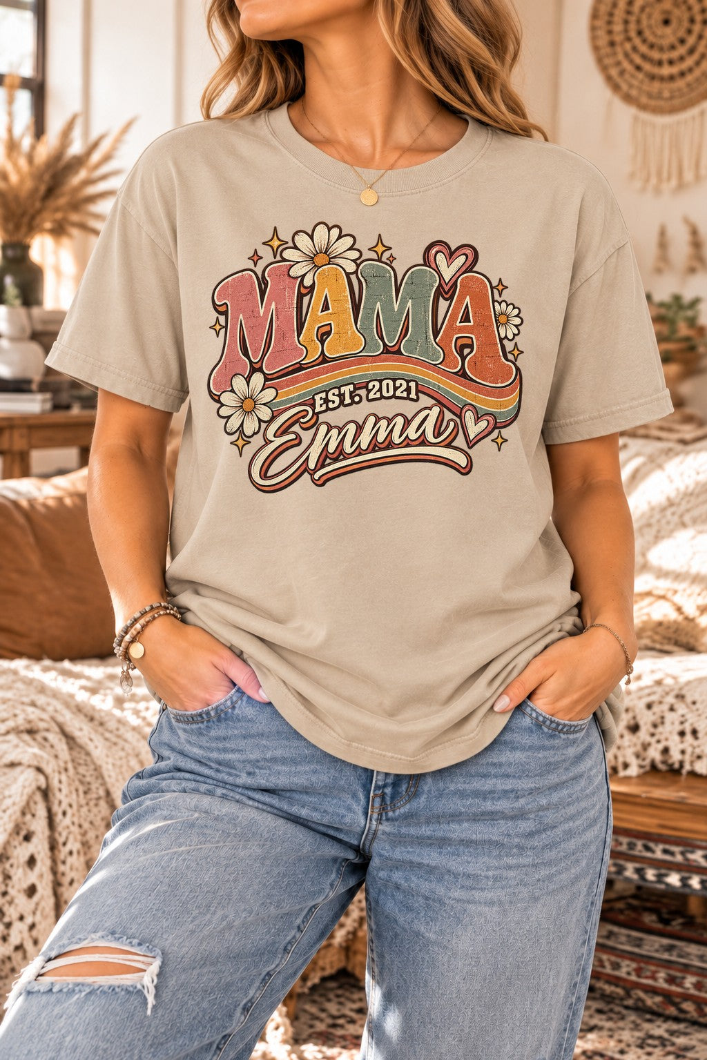 Personalisiert Mama T-Shirt mit Namen & Wunschjahr, Retro Blumen Vintage Geschenk für Muttertag, Mama Shirt Damen