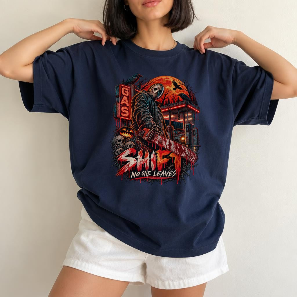 Horror Slasher T-Shirt Shift No One Leaves Gas Station Halloween Shirt Jason Mask Retro Horror Tee