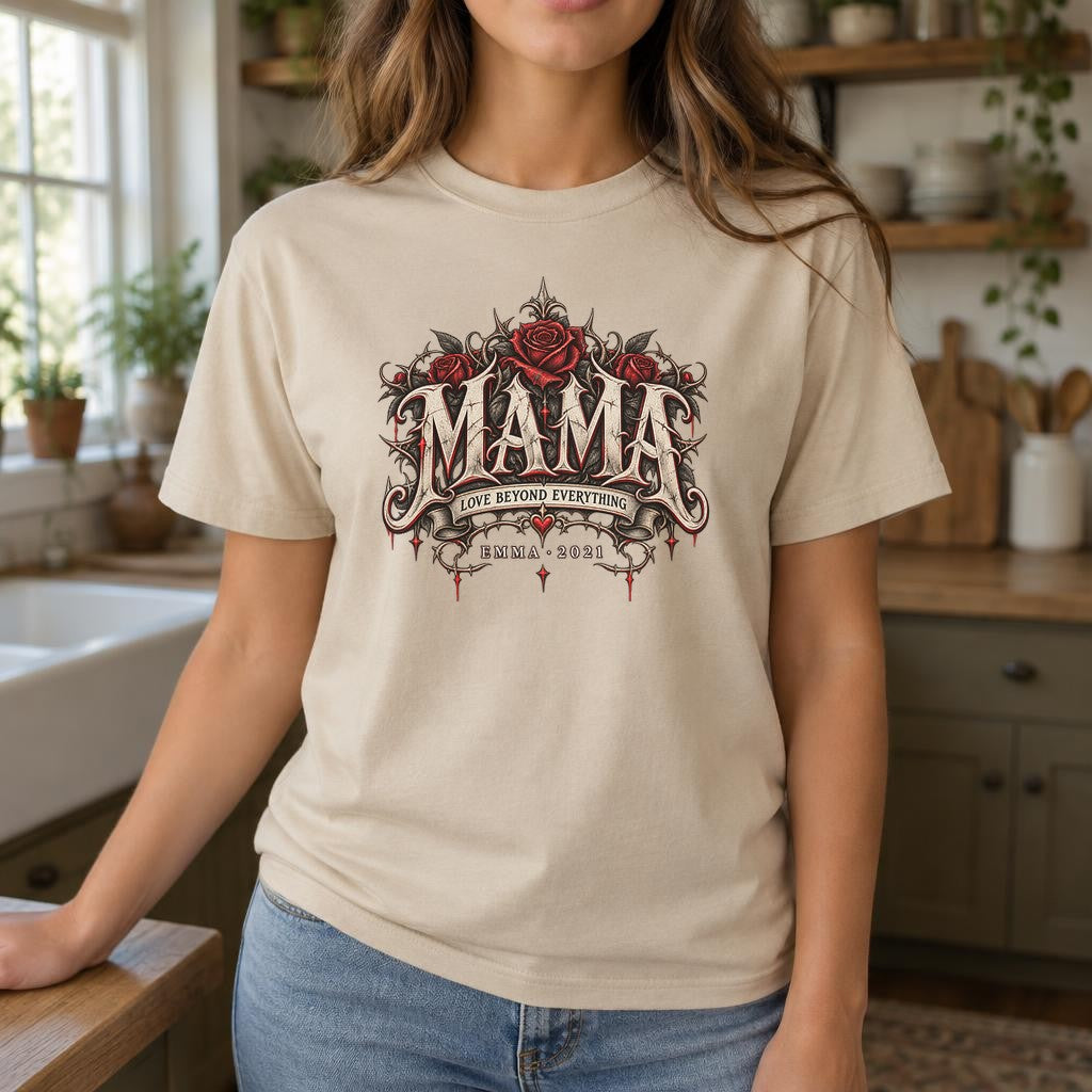 Camiseta personalizada para mamá con nombre y año a elegir, camiseta gótica de rosas para mujer, regalo individual para madre