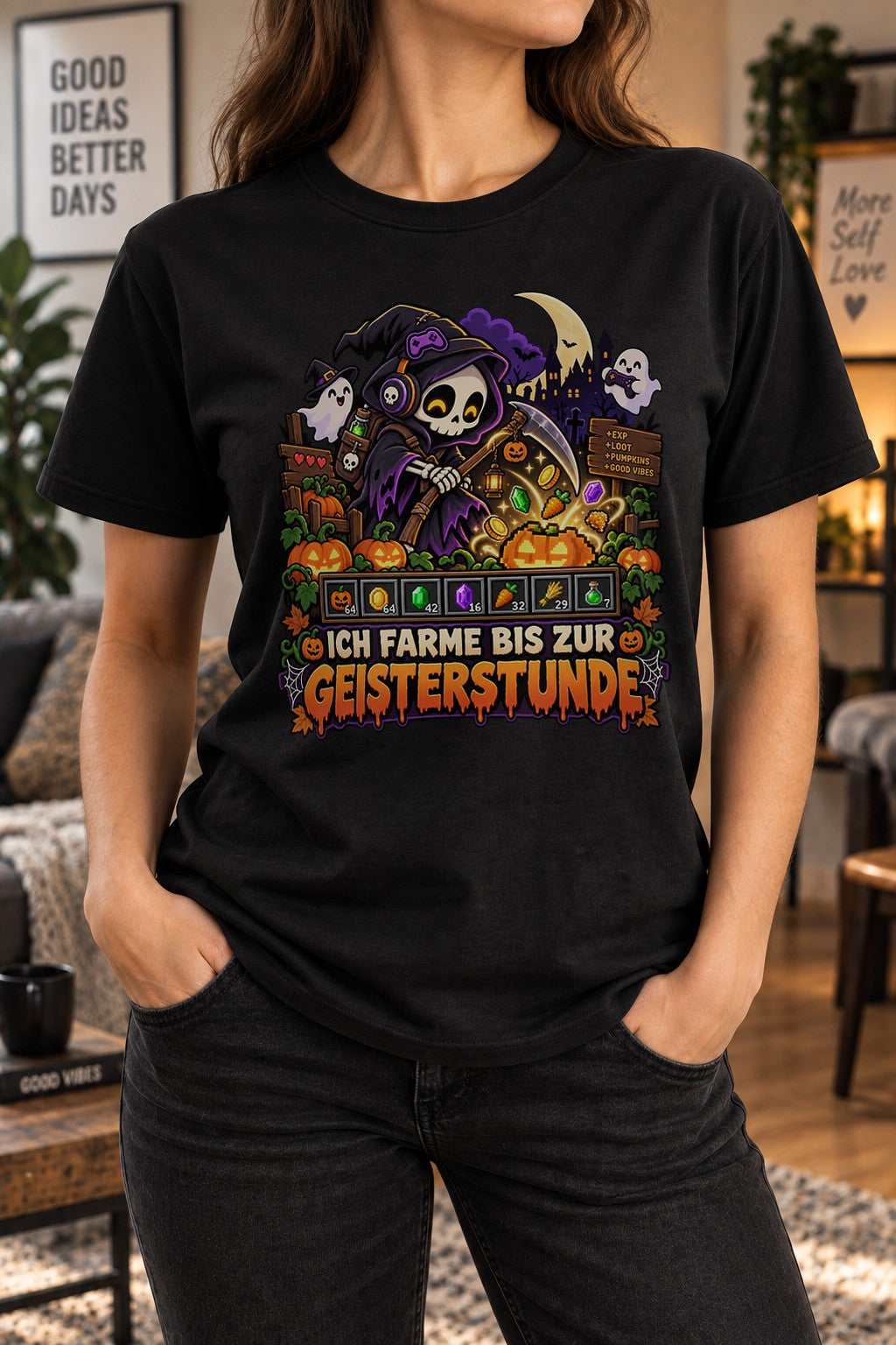 Halloween Gamer T-Shirt Damen Oversized, Ich farme bis zur Geisterstunde Shirt, Lustiges Zocker Geschenk, Washed Vintage Tee