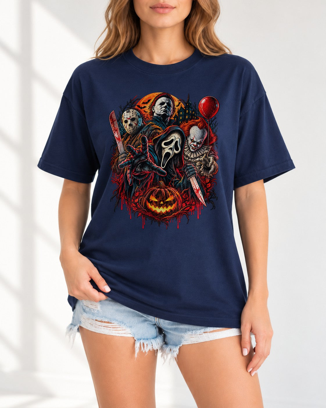 Camiseta de Halloween de terror para hombre, camisa de villanos de películas slasher, camiseta de Michael Myers, Jason, Ghostface y Pennywise, conjunto de miedo
