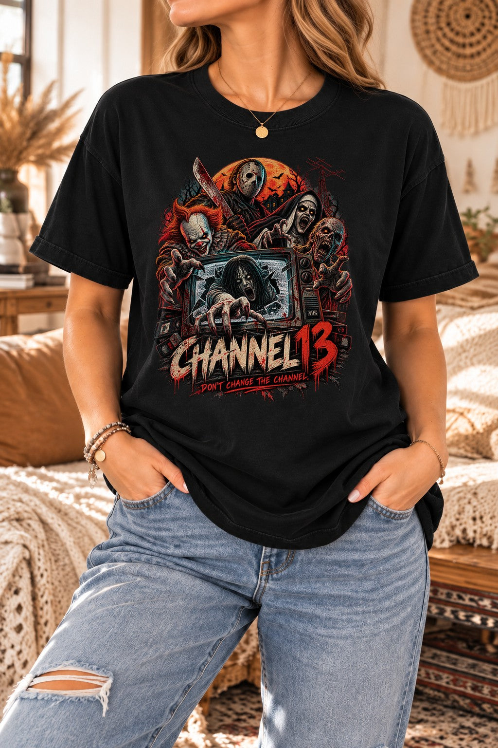 Channel 13 Horror T-Shirt Herren Damen, Halloween Slasher Shirt, Grusel Filmfan Geschenk, Creepy TV Graphic Tee