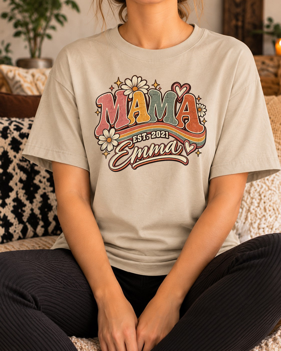 Personalisiert Mama T-Shirt mit Namen & Wunschjahr, Retro Blumen Vintage Geschenk für Muttertag, Mama Shirt Damen