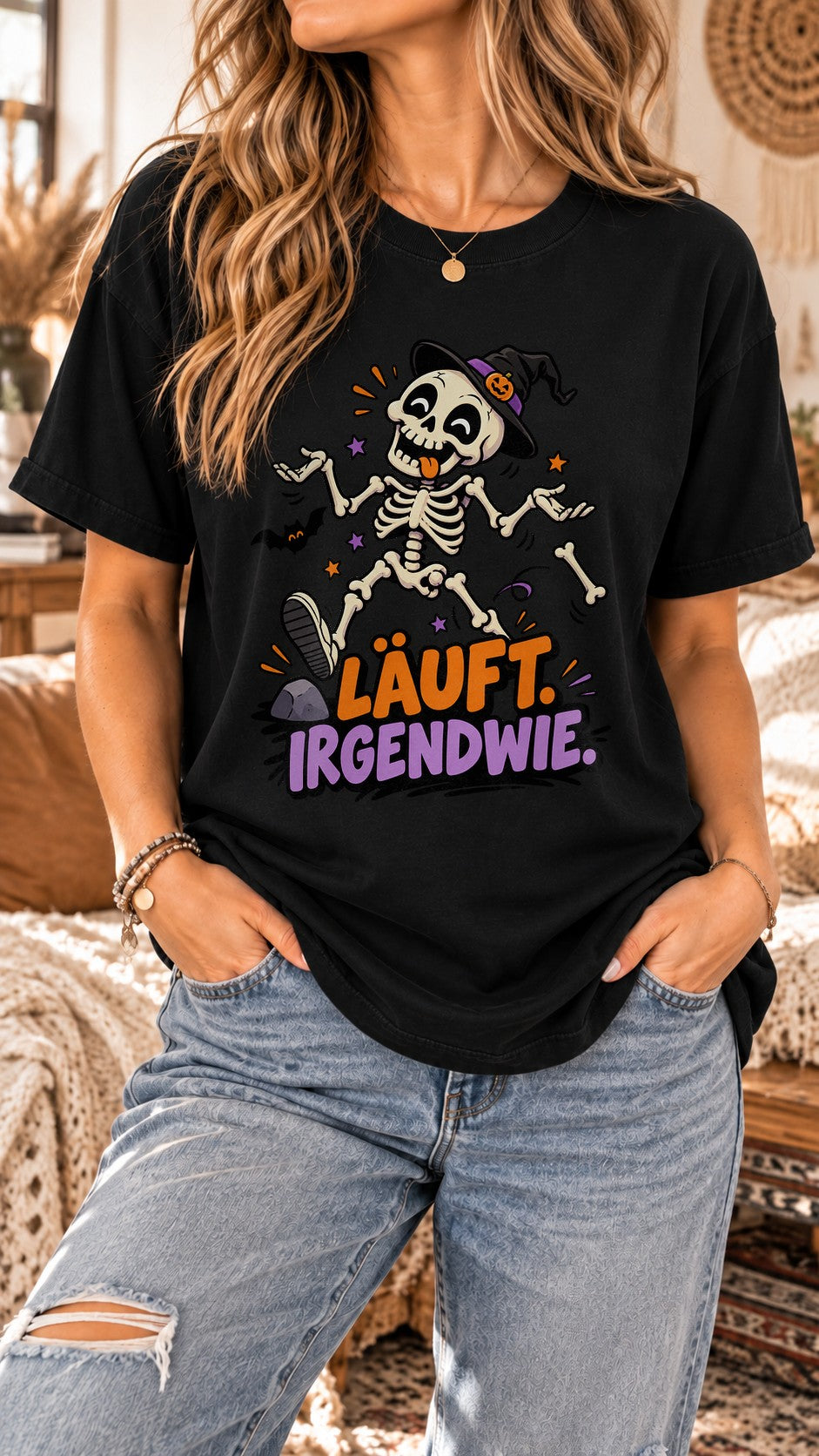 Camiseta de esqueleto de Halloween para mujer, divertida, con frase "Läuft Irgendwie", sombrero de bruja, otoño, estilo oversize, gótico, camiseta graciosa