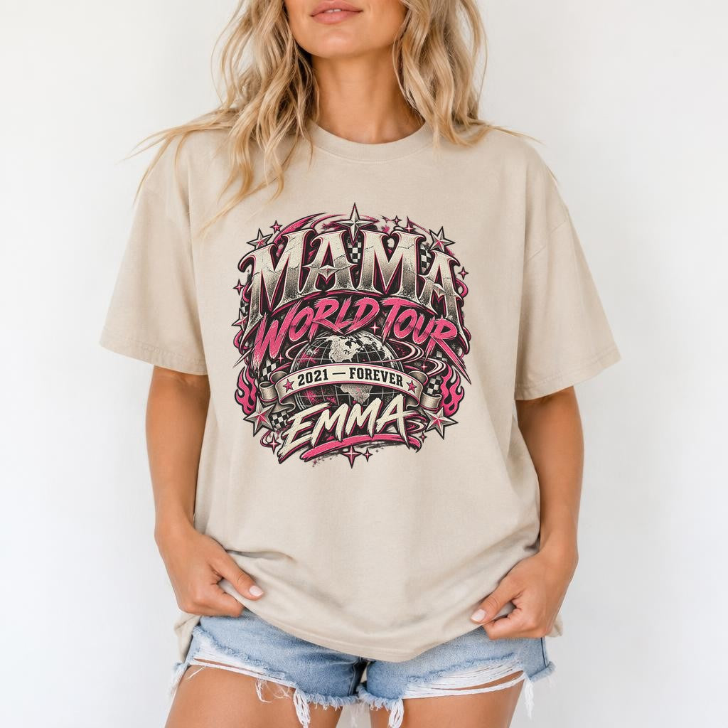 Camiseta personalizada "Mama World Tour" con nombre y año a elegir, camiseta vintage de rock para mujer, regalo para mamá