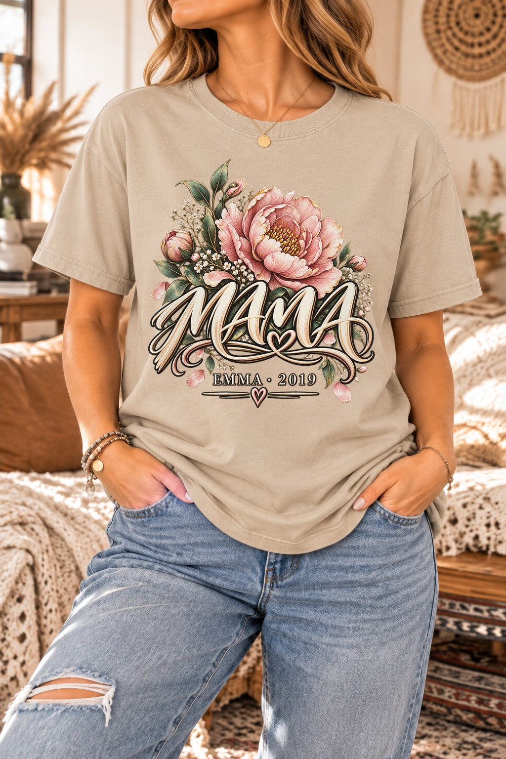 Personalisiert Mama T-Shirt mit Namen & Wunschjahr, Blumen Schriftzug Shirt, Geschenk für Mutter individuell