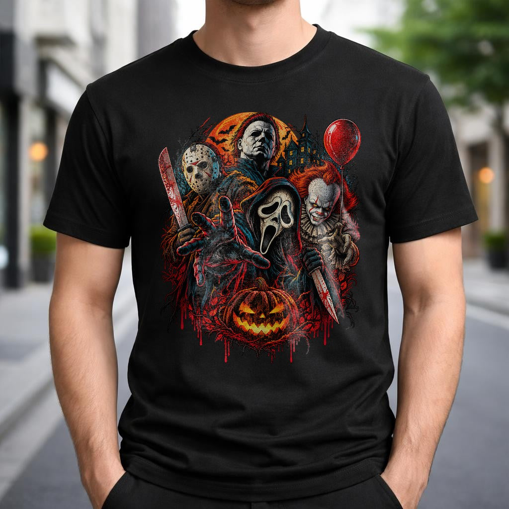 Camiseta de Halloween de terror para hombre, camisa de villanos de películas slasher, camiseta de Michael Myers, Jason, Ghostface y Pennywise, conjunto de miedo