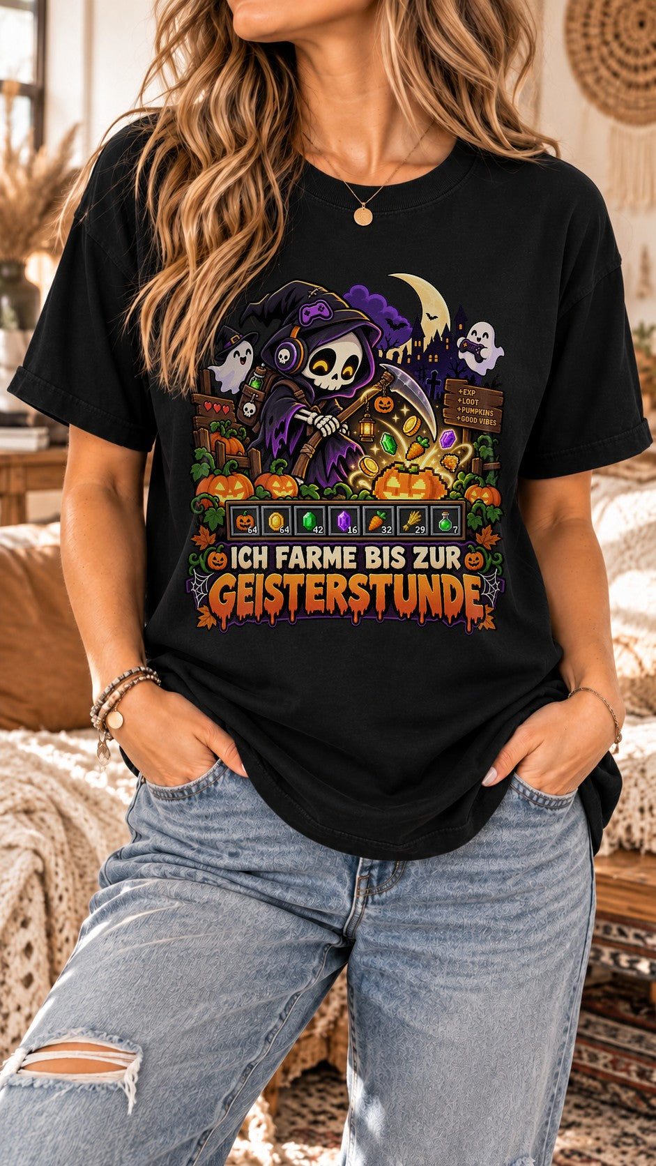 Halloween Gamer T-Shirt Damen Oversized, Ich farme bis zur Geisterstunde Shirt, Lustiges Zocker Geschenk, Washed Vintage Tee