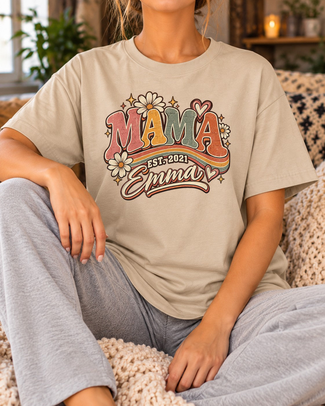Personalisiert Mama T-Shirt mit Namen & Wunschjahr, Retro Blumen Vintage Geschenk für Muttertag, Mama Shirt Damen