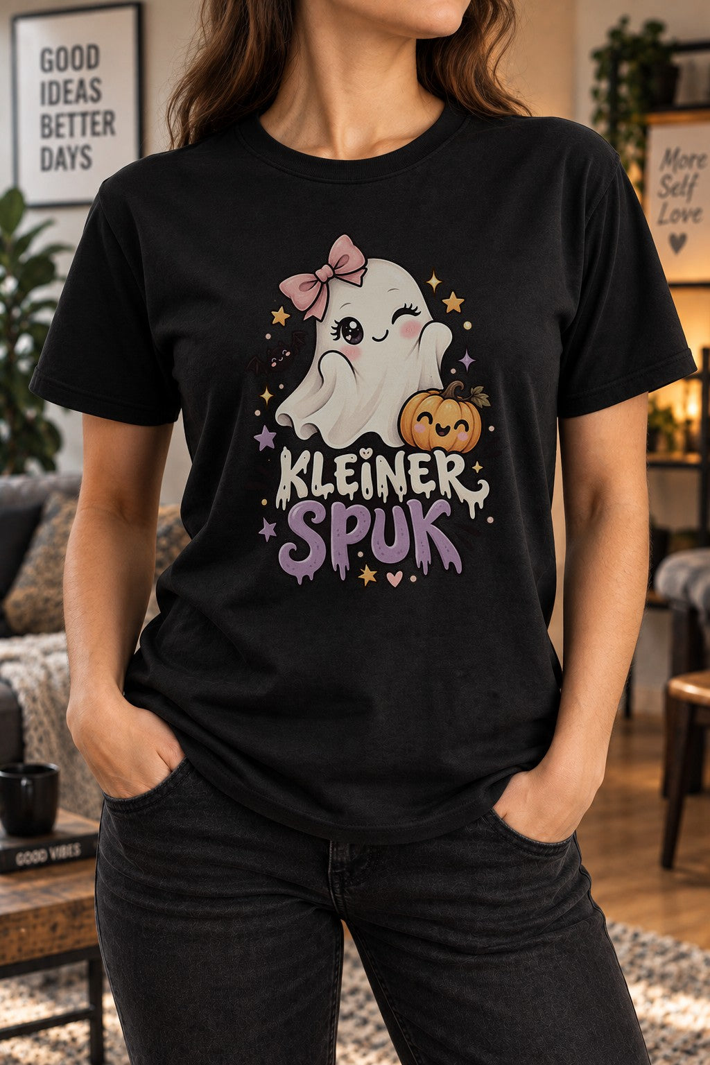 Kleiner Spuk Halloween T-Shirt Damen Oversized Cute Ghost Shirt Herbst Kürbis Kawaii Spooky Season Geschenk