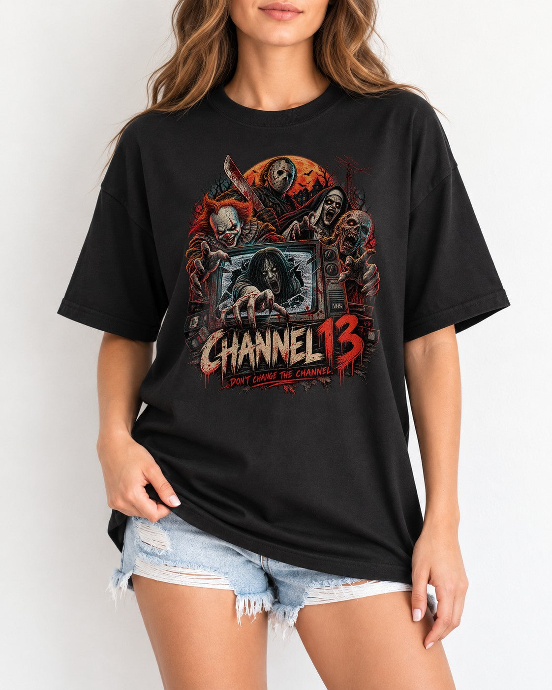 Channel 13 Horror T-Shirt Herren Damen, Halloween Slasher Shirt, Grusel Filmfan Geschenk, Creepy TV Graphic Tee