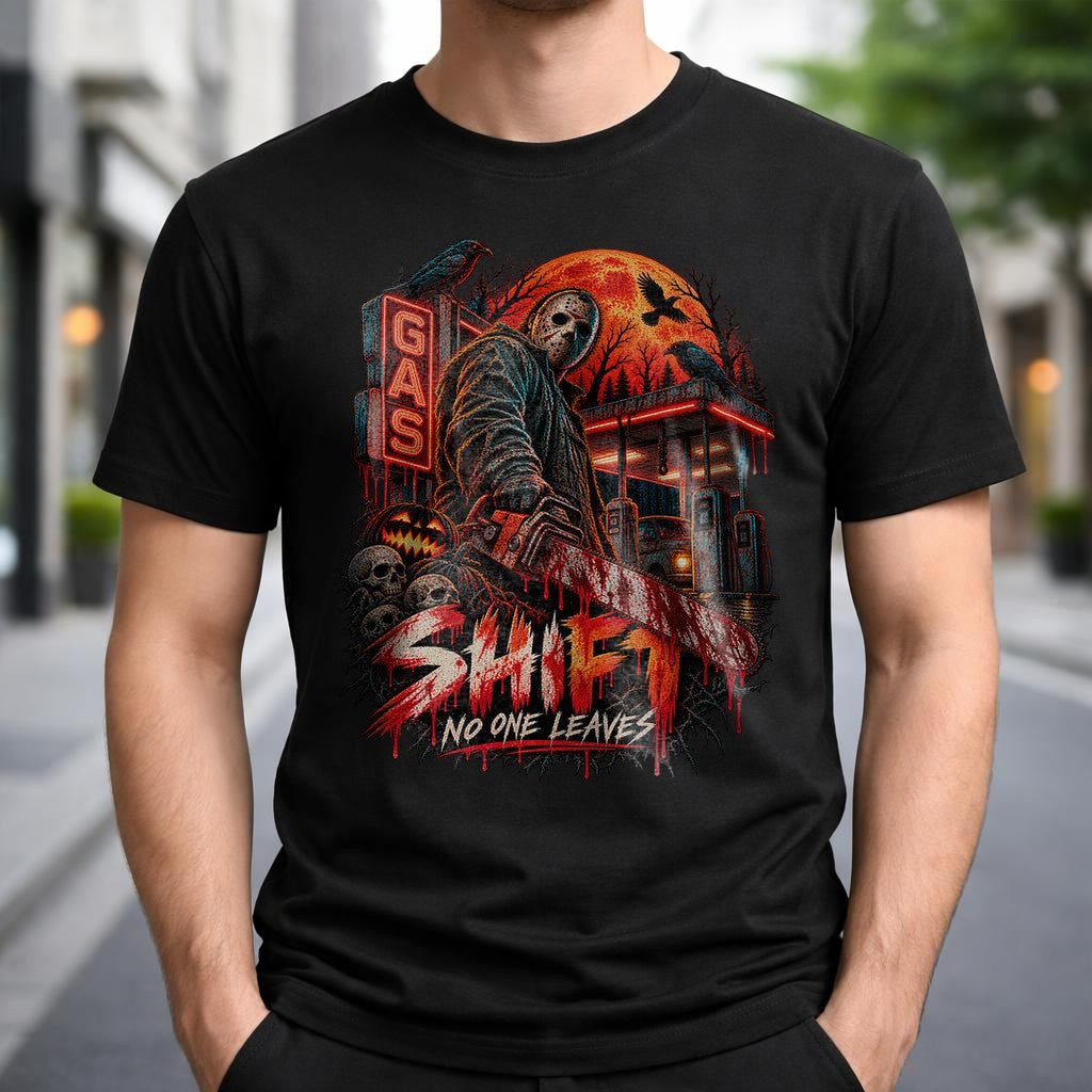 Horror Slasher T-Shirt Shift No One Leaves Gas Station Halloween Shirt Jason Mask Retro Horror Tee