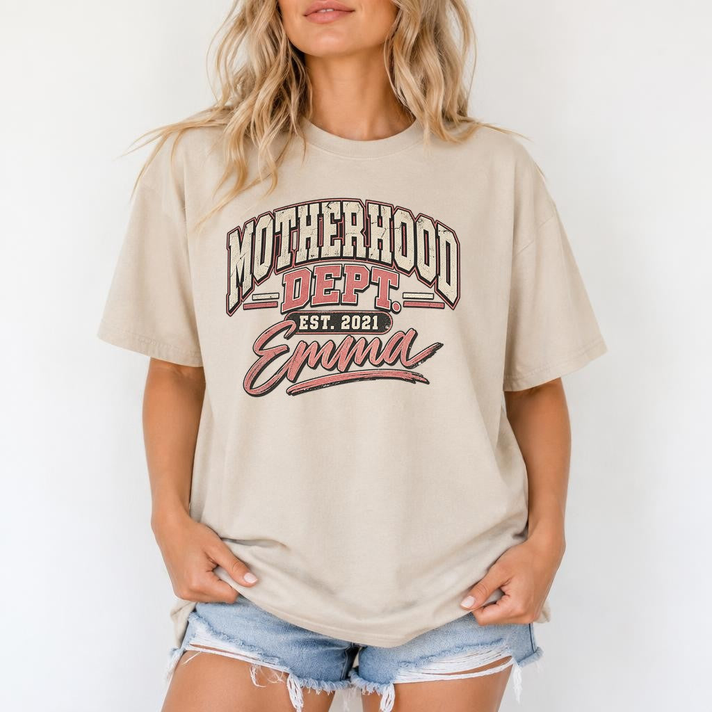 Camiseta personalizada Motherhood Dept con nombre y año a elegir, camiseta de mamá, regalo de nacimiento, Día de la Madre, camiseta vintage para mamá