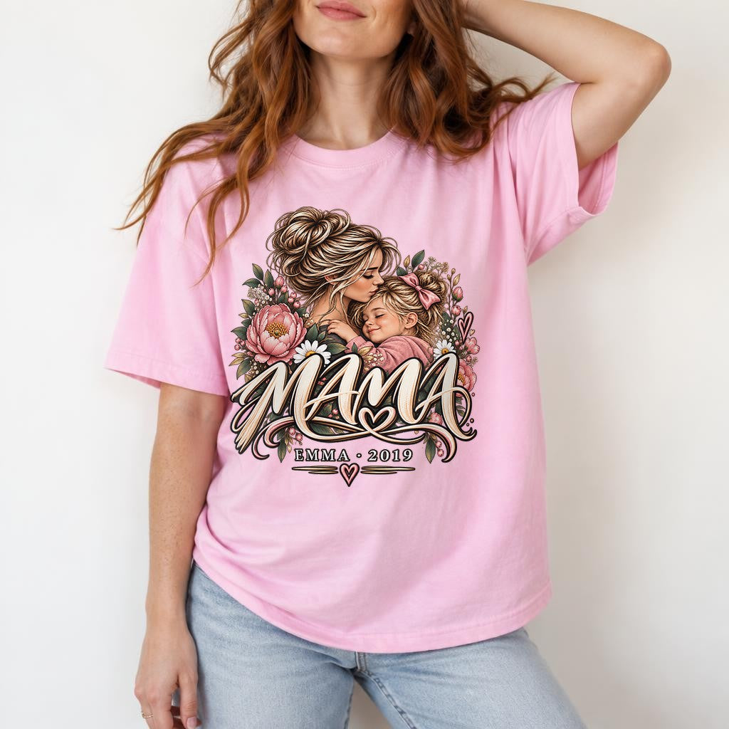Personalisiert Mama T-Shirt mit Name & Wunschjahr, Blumen Mutter Tochter Shirt, Geschenk fuer Mama, Mama Geschenk individuell