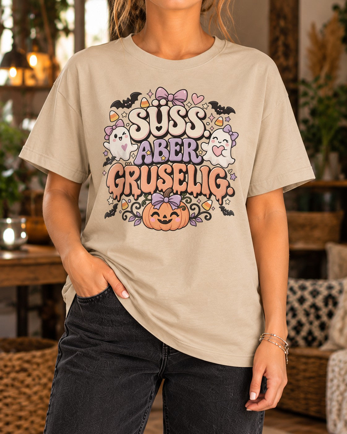 Süß aber gruselig Halloween T-Shirt Damen, Cute Ghost Shirt, Spooky Season Shirt mit Kürbis, Oversized Herbstoberteil