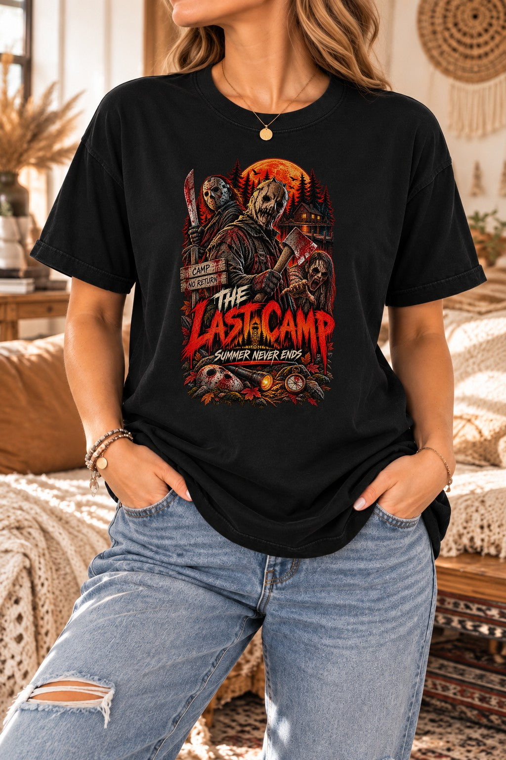 Horror Camp T-Shirt Damen Oversized, The Last Camp Summer Never Ends, Slasher Retro Halloween Shirt Unisex