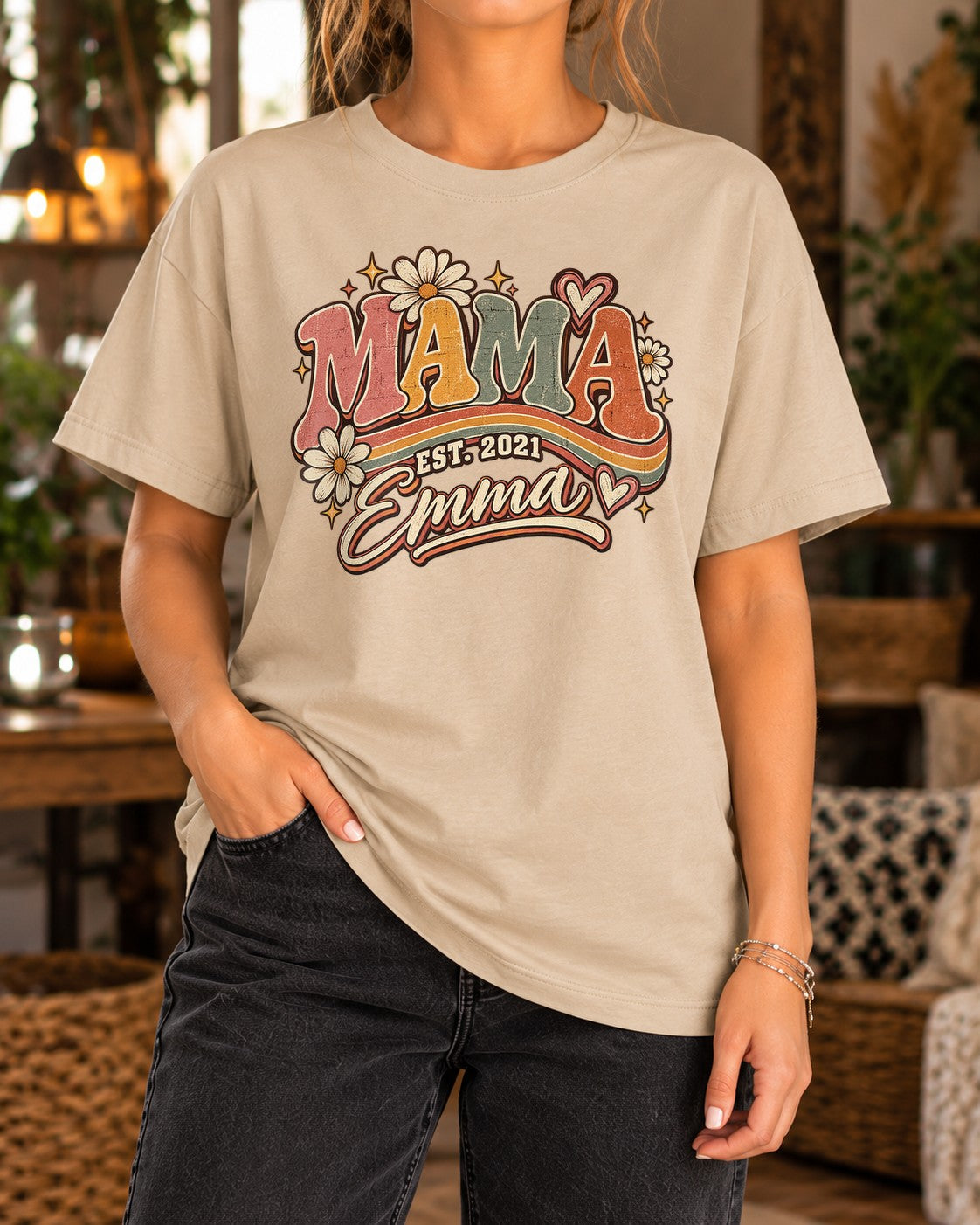 Personalisiert Mama T-Shirt mit Namen & Wunschjahr, Retro Blumen Vintage Geschenk für Muttertag, Mama Shirt Damen