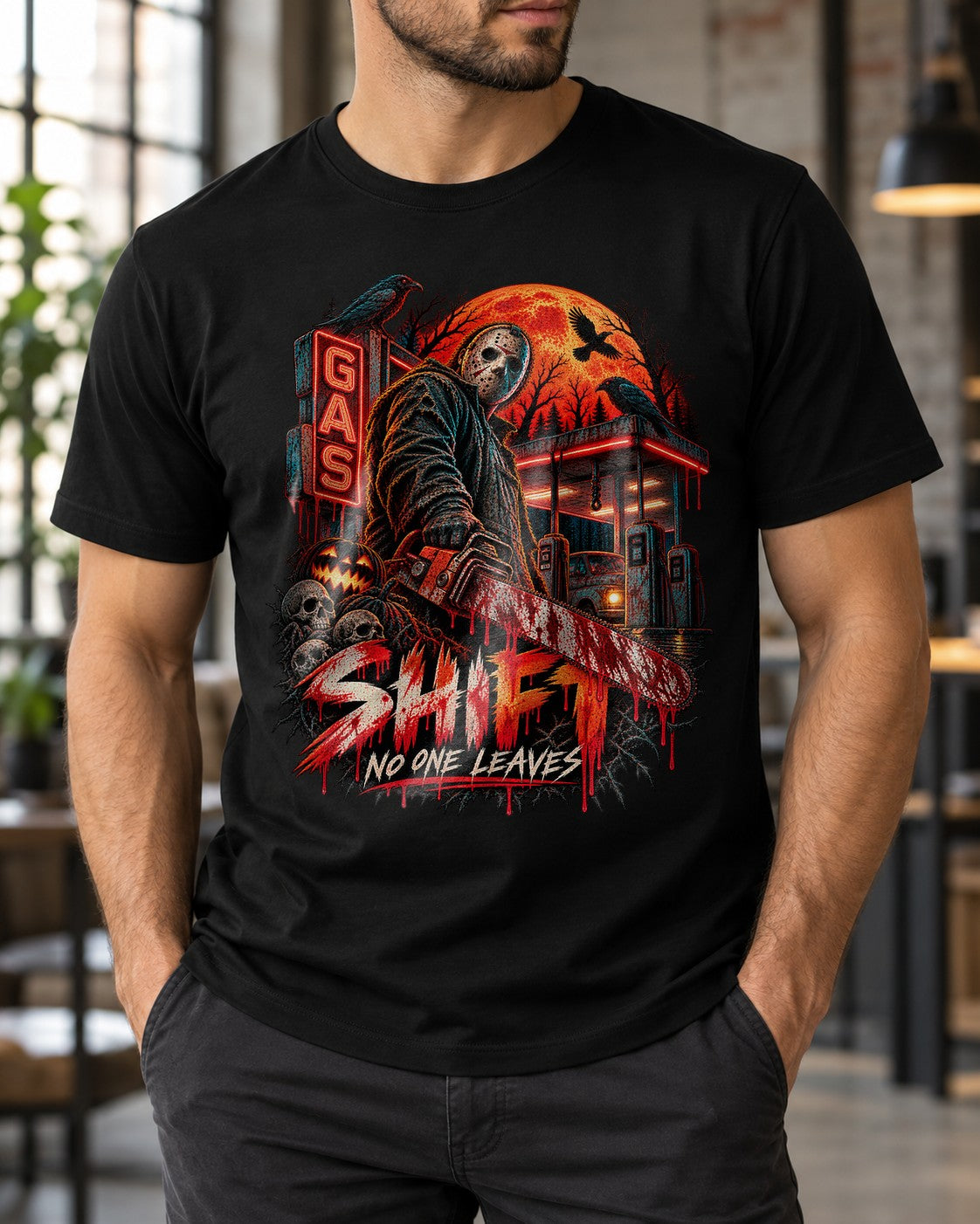 Horror Slasher T-Shirt Shift No One Leaves Gas Station Halloween Shirt Jason Mask Retro Horror Tee
