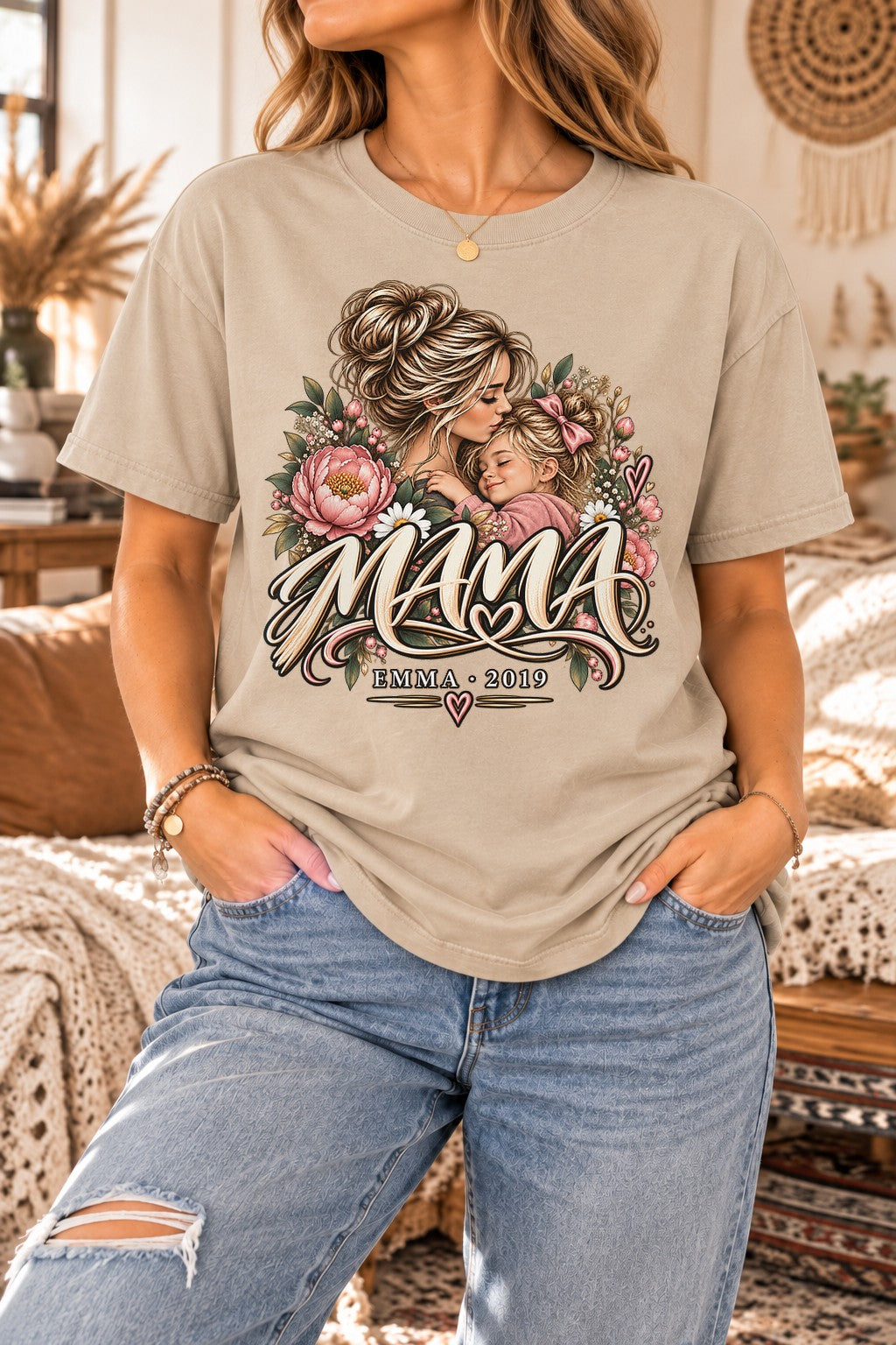 Personalisiert Mama T-Shirt mit Name & Wunschjahr, Blumen Mutter Tochter Shirt, Geschenk fuer Mama, Mama Geschenk individuell