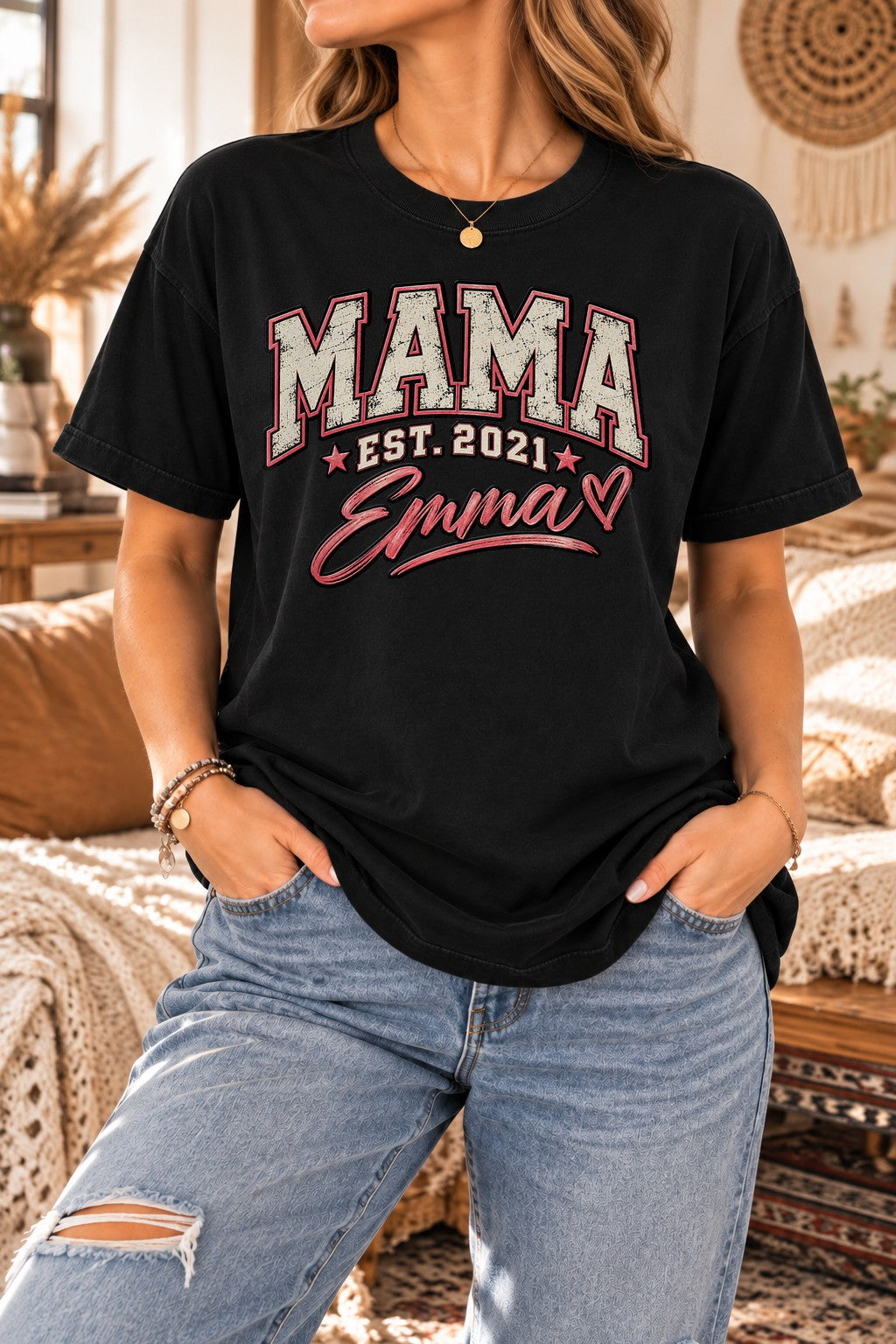 Personalisiert Mama T-Shirt mit Namen & Wunschjahr, Vintage College Shirt Damen, Geschenk für Mutter Geburtstag