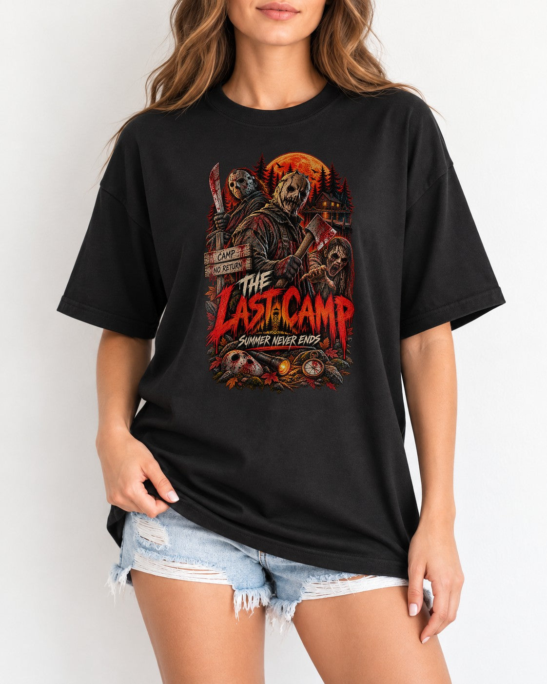 Horror Camp T-Shirt Damen Oversized, The Last Camp Summer Never Ends, Slasher Retro Halloween Shirt Unisex