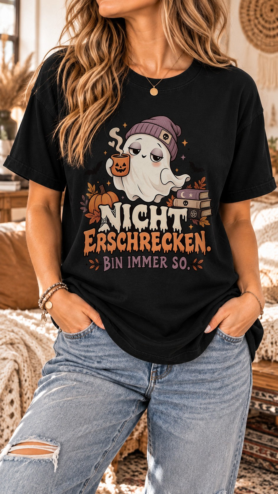 No te asustes, siempre soy así, camiseta para mujer, divertido Halloween, fantasma, café, camiseta con frase, otoño, gótico