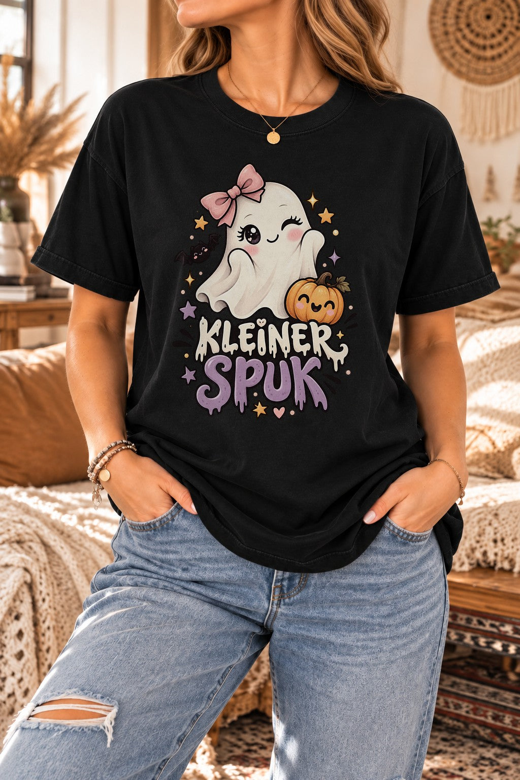 Kleiner Spuk Halloween T-Shirt Damen Oversized Cute Ghost Shirt Herbst Kürbis Kawaii Spooky Season Geschenk