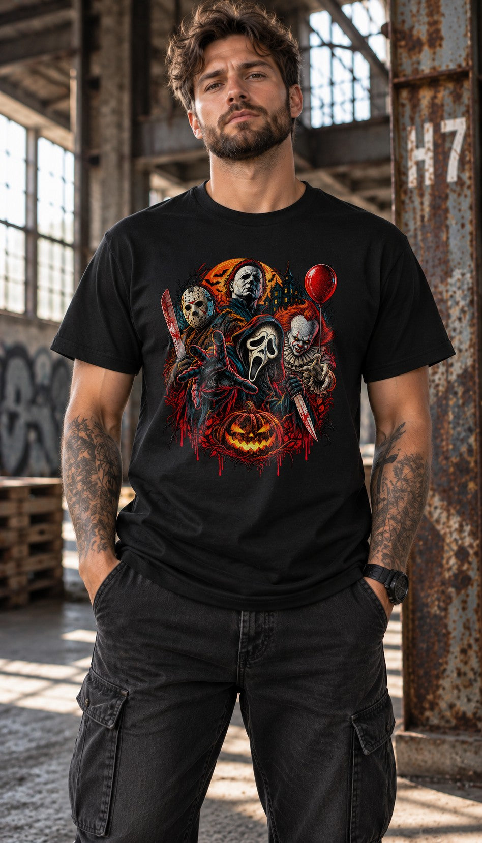 Camiseta de Halloween de terror para hombre, camisa de villanos de películas slasher, camiseta de Michael Myers, Jason, Ghostface y Pennywise, conjunto de miedo