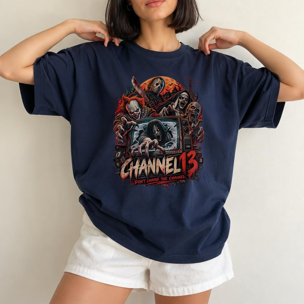 Channel 13 Horror T-Shirt Herren Damen, Halloween Slasher Shirt, Grusel Filmfan Geschenk, Creepy TV Graphic Tee