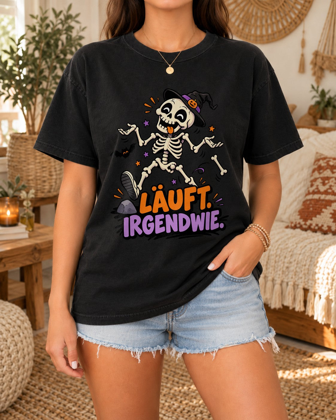 Camiseta de esqueleto de Halloween para mujer, divertida, con frase "Läuft Irgendwie", sombrero de bruja, otoño, estilo oversize, gótico, camiseta graciosa