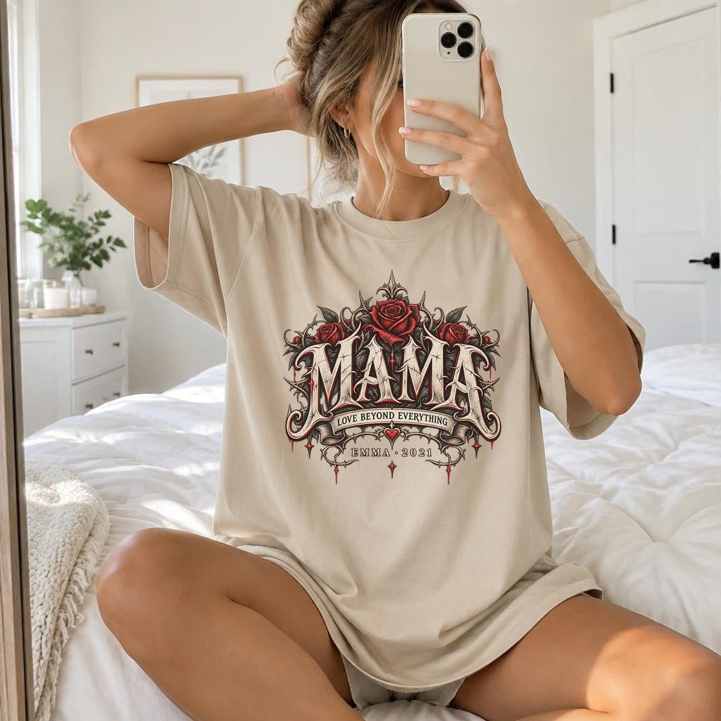 Camiseta personalizada para mamá con nombre y año a elegir, camiseta gótica de rosas para mujer, regalo individual para madre