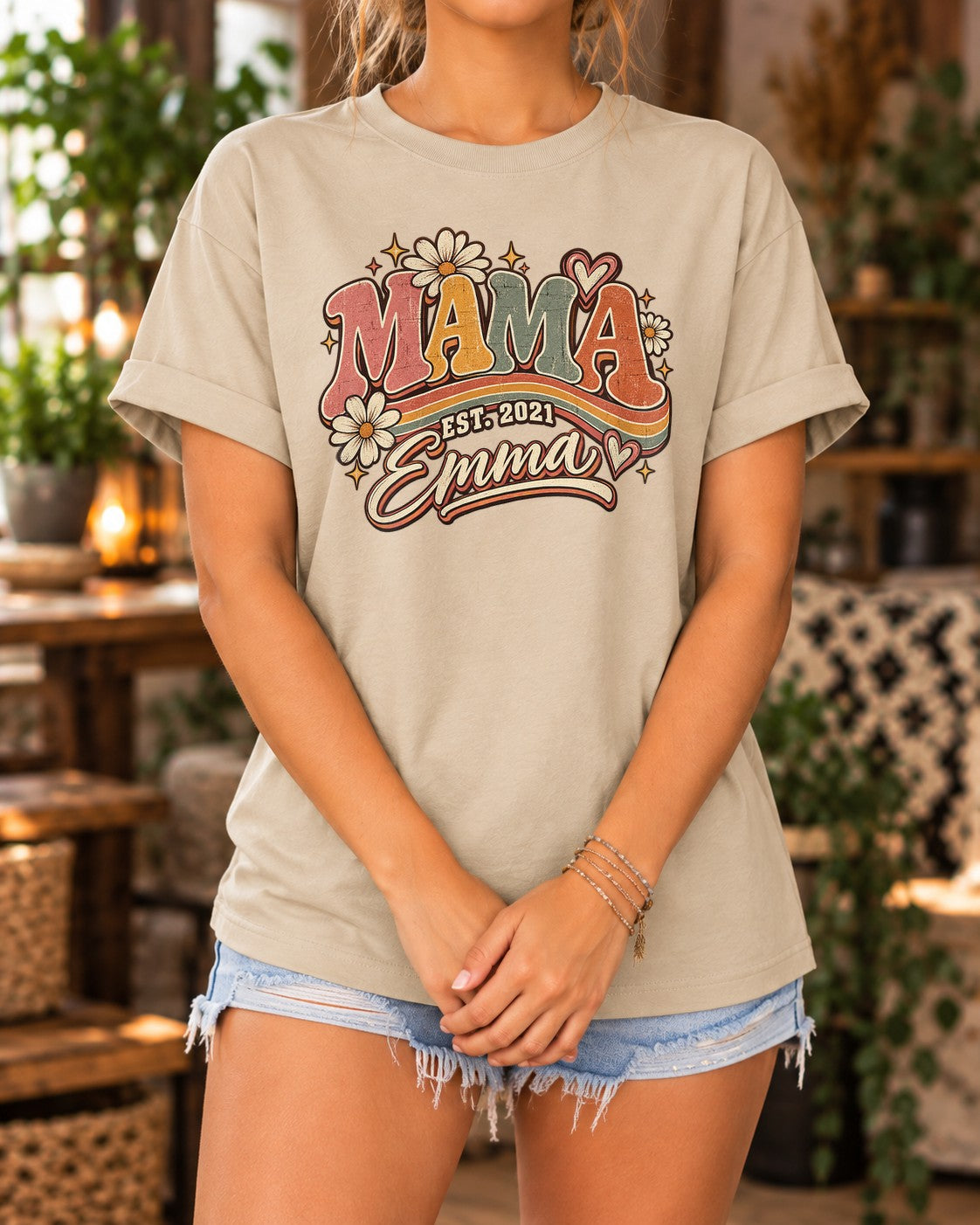 Personalisiert Mama T-Shirt mit Namen & Wunschjahr, Retro Blumen Vintage Geschenk für Muttertag, Mama Shirt Damen