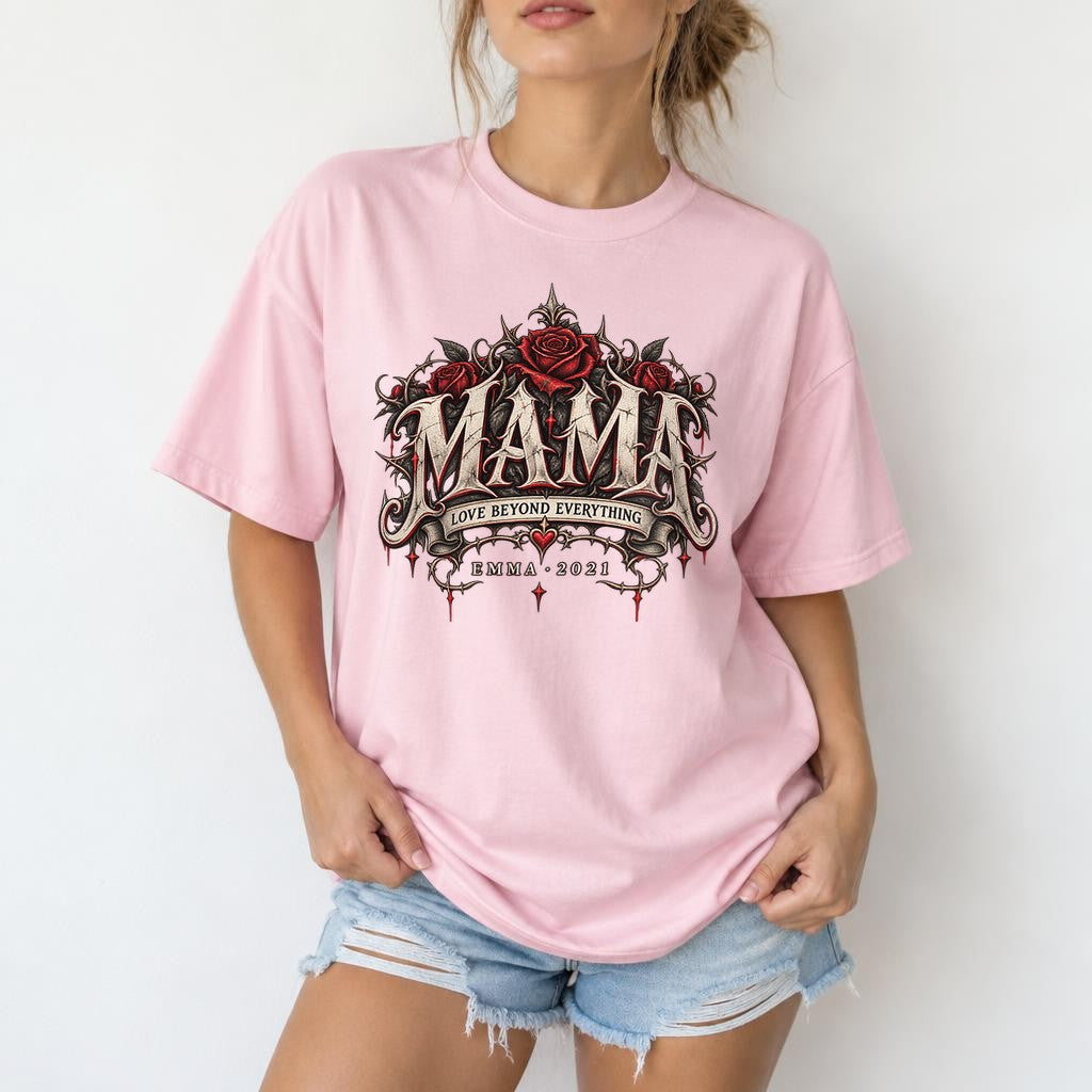 Personalisiert Mama T-Shirt mit Namen & Wunschjahr, Gothic Rosen Shirt Damen, Geschenk für Mutter individuell