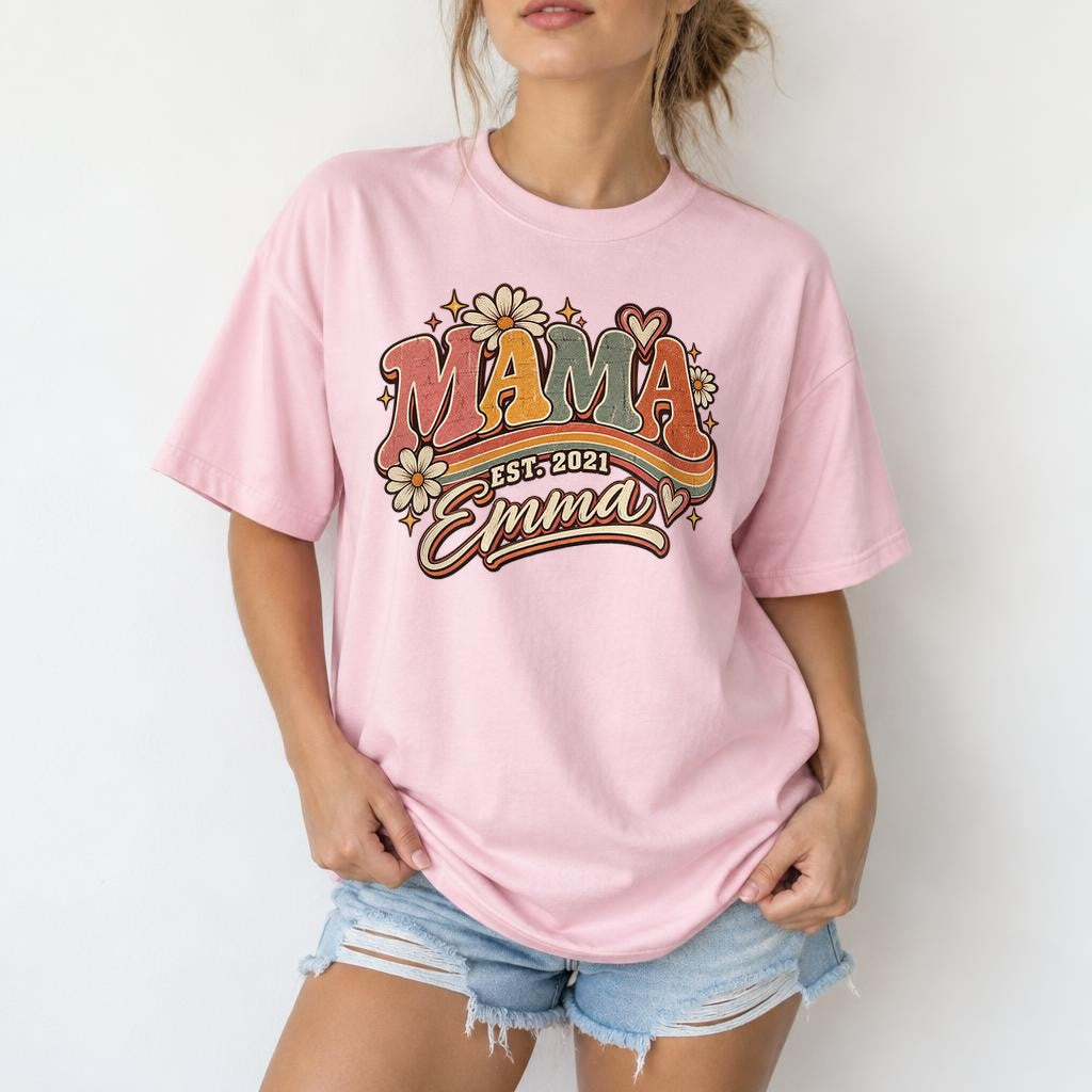 Personalisiert Mama T-Shirt mit Namen & Wunschjahr, Retro Blumen Vintage Geschenk für Muttertag, Mama Shirt Damen