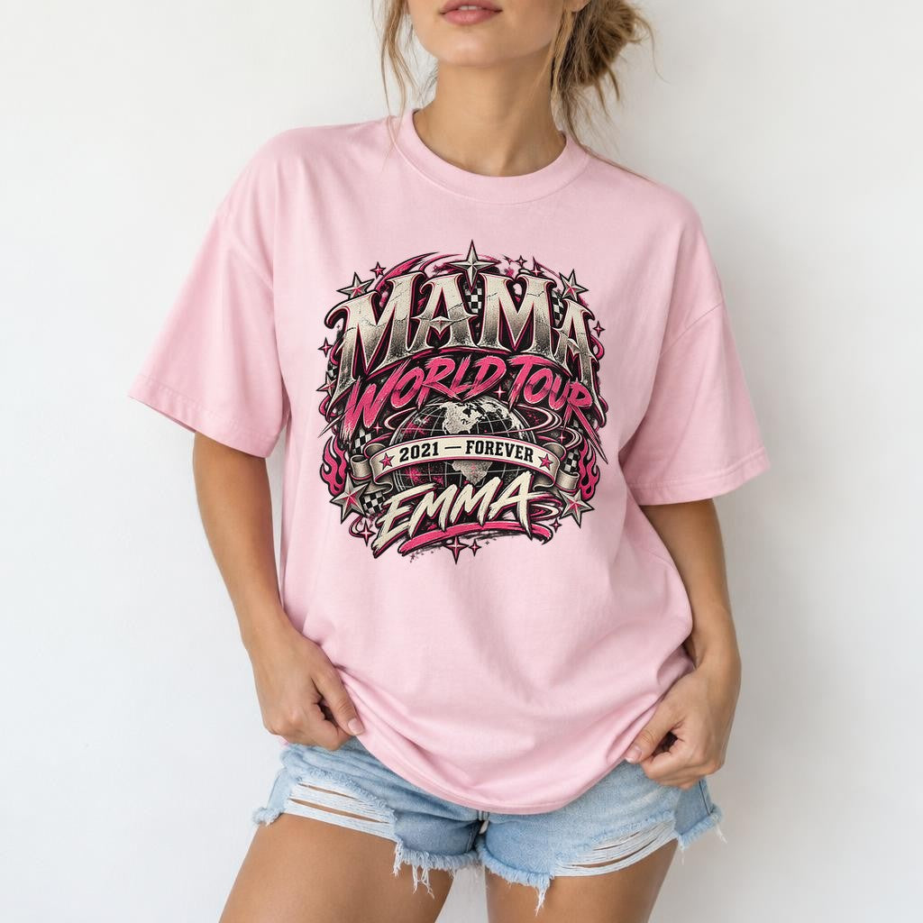Personalisiert Mama World Tour T-Shirt mit Name & Wunschjahr, Rock Vintage Shirt Damen, Geschenk für Mama