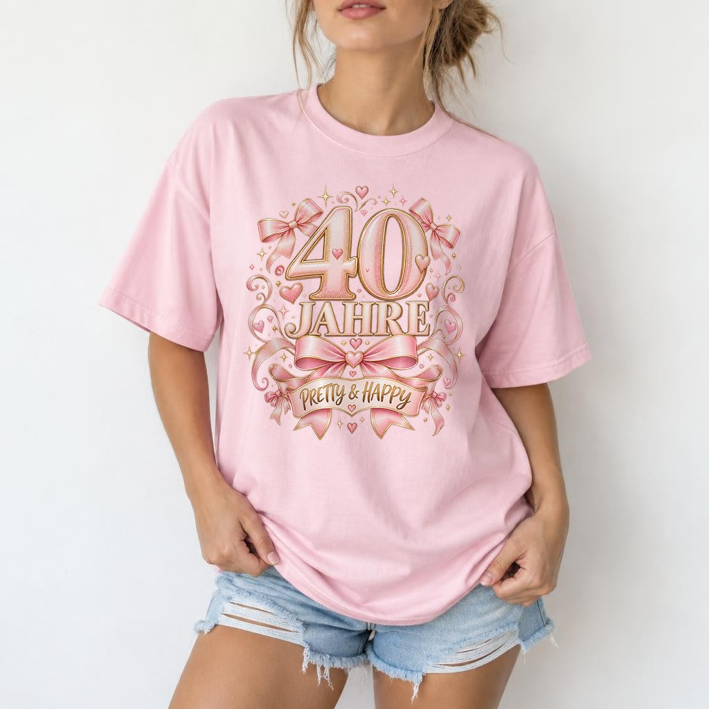 Personalisiertes Geburtstag T-Shirt Damen mit Alter – Pretty & Happy Schleifen Shirt Geschenk
