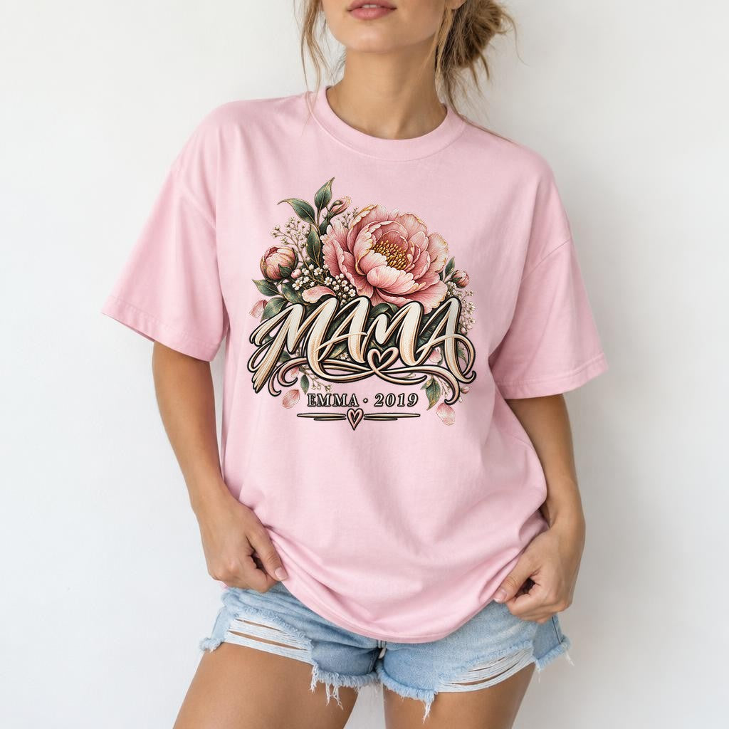 Personalisiert Mama T-Shirt mit Namen & Wunschjahr, Blumen Schriftzug Shirt, Geschenk für Mutter individuell