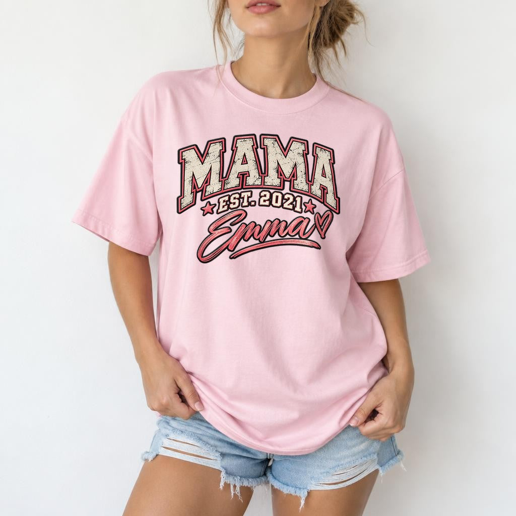 Personalisiert Mama T-Shirt mit Namen & Wunschjahr, Vintage College Shirt Damen, Geschenk für Mutter Geburtstag