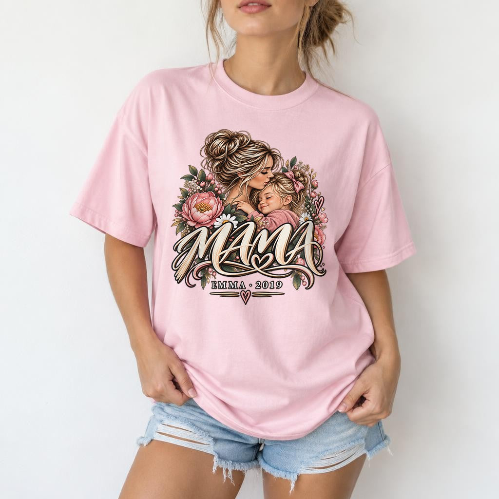 Personalisiert Mama T-Shirt mit Name & Wunschjahr, Blumen Mutter Tochter Shirt, Geschenk fuer Mama, Mama Geschenk individuell