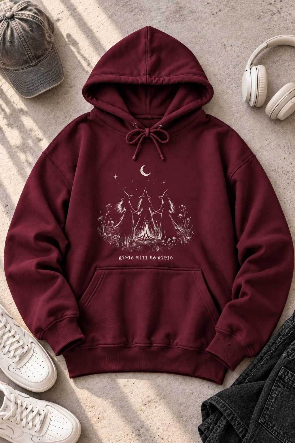 Witchy Hoodie Damen Schwarz Girls Will Be Girls Hexen Grafik Hoodie Boho Gothic Moon Pullover Geschenk für Frauen