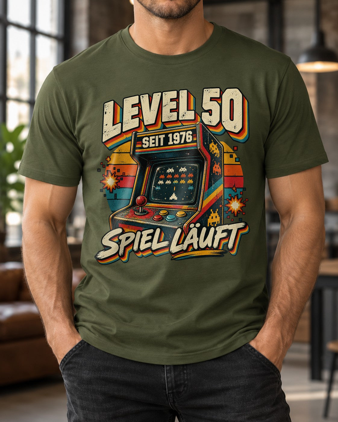 Level 50 Seit 1976 Spiel Laeuft T-Shirt, Retro Gamer Geburtstag 50, Vintage Arcade Shirt fuer Maenner und Frauen