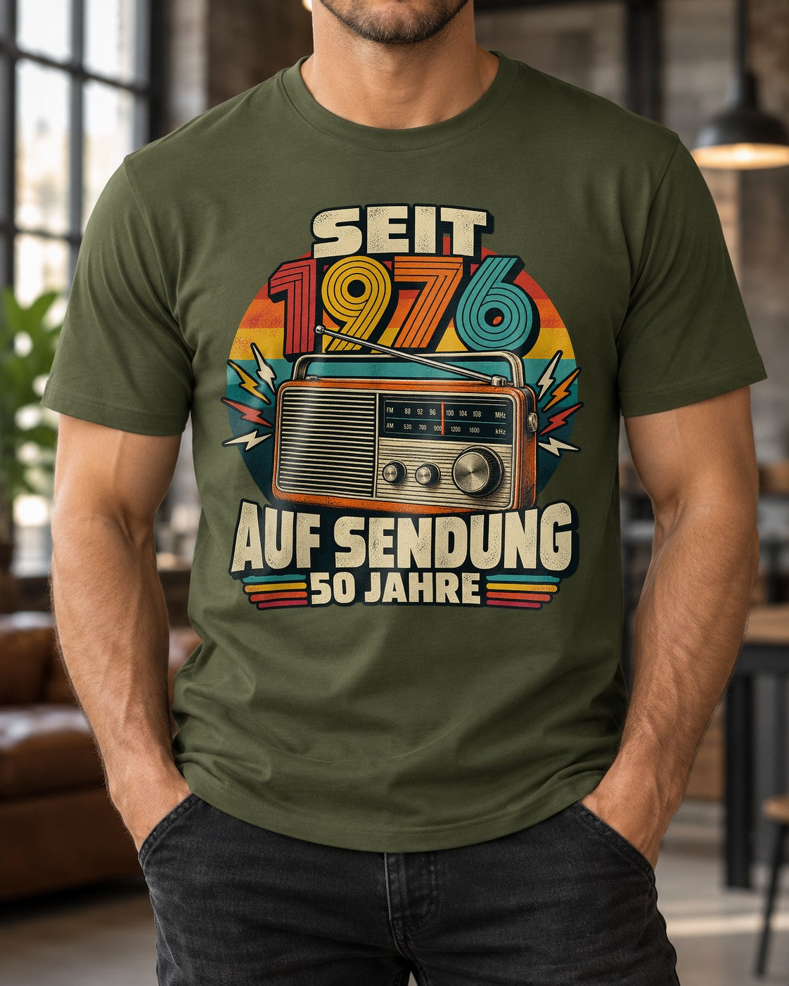 En antena desde 1976 50 años camiseta de hombre vintage radio cumpleaños años 50 regalo camiseta divertida retro