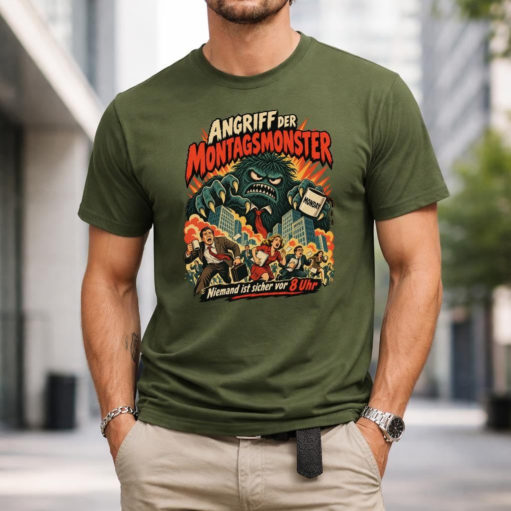 Angriff der Montagsmonster T-Shirt Herren lustig Büro Montag Spruch Shirt Retro Monster Grafik Geschenk