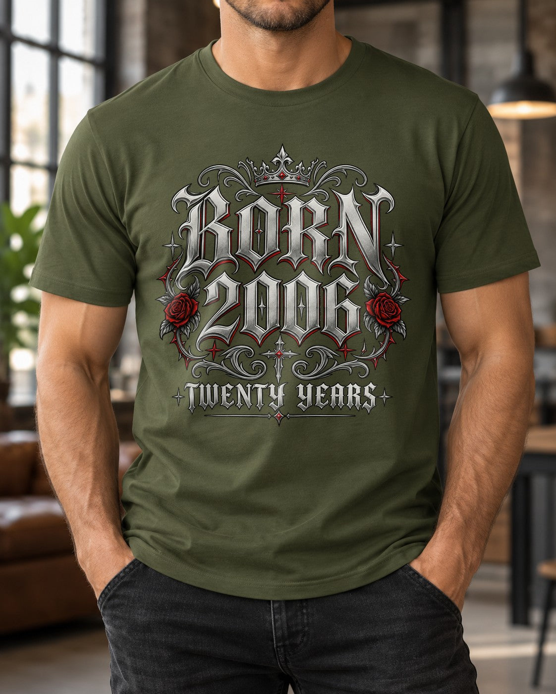 Born 2006 Twenty Years T-Shirt Herren Gothic Geburtstag 20 Jahre Shirt mit Krone Rosen Vintage Geburtstagsshirt